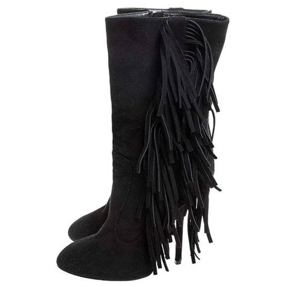 Giuseppe Zanotti Black Suede Fringe Mid Calf Boots - Picture 3 of 12